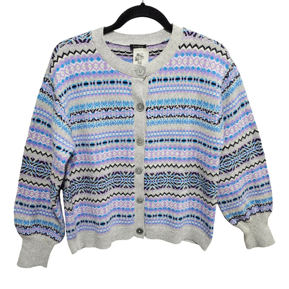 Talbots Sweater Women's Purple Fair Isle Cardigan Cotton/Wool Blend‎ Size Medium